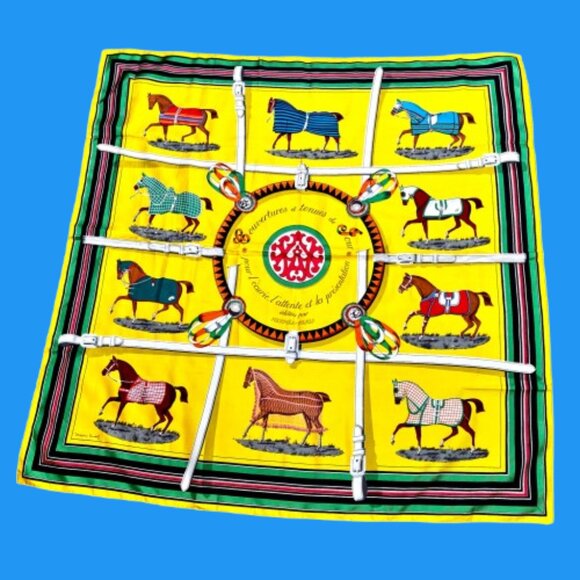Hermes Paris 70's Scarf Yellow Silk Horses Couvertures Et Tenues De Jour New Box - Picture 3 of 16